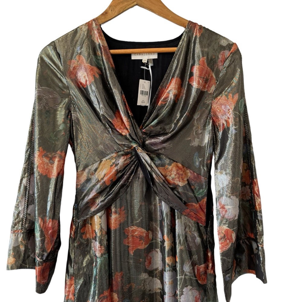 Anthropologie Caballero Metallic Floral Deep V-Neck Maxi Dress Brown Motif - Picture 5 of 16